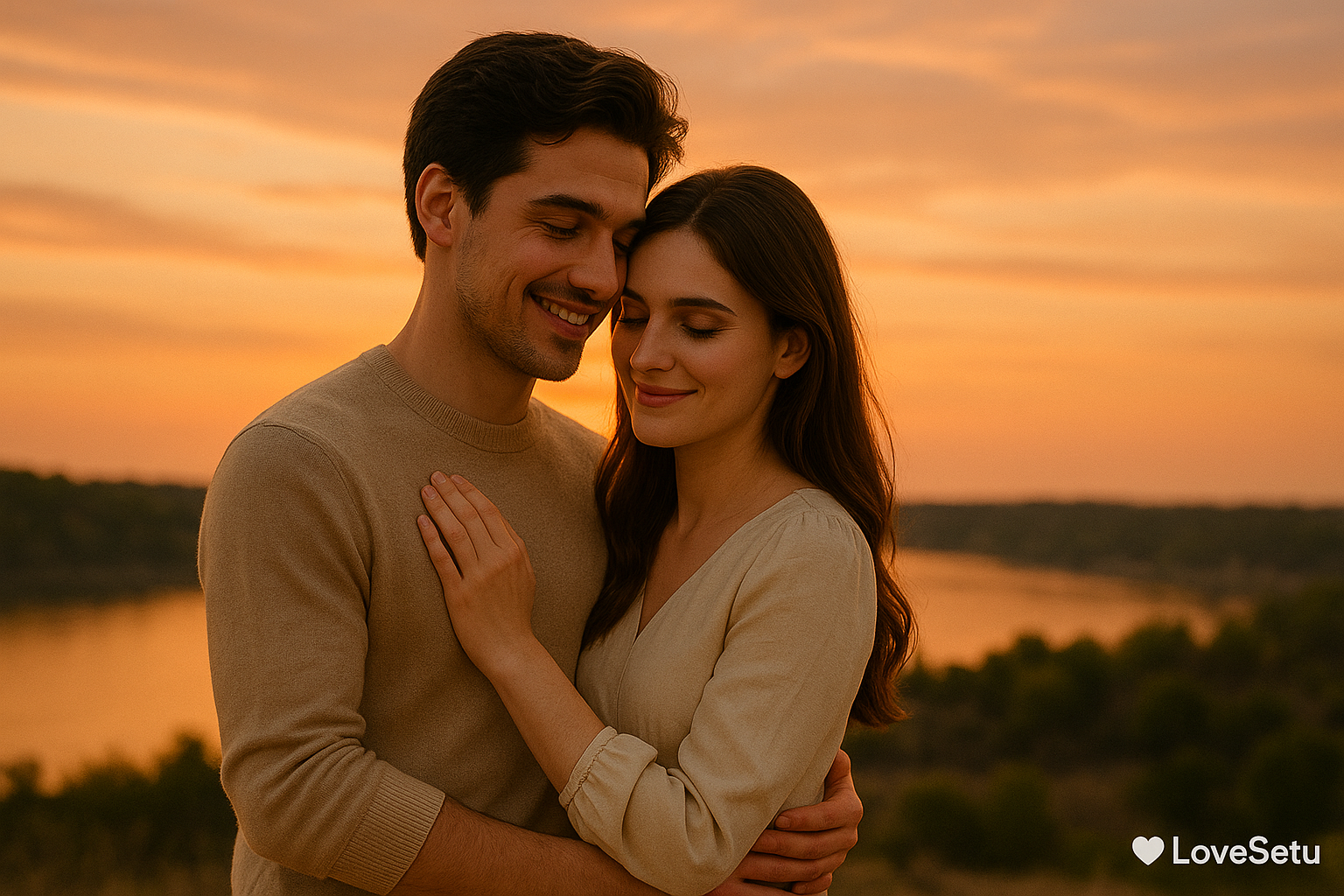 Romantic couple silhouette at sunset